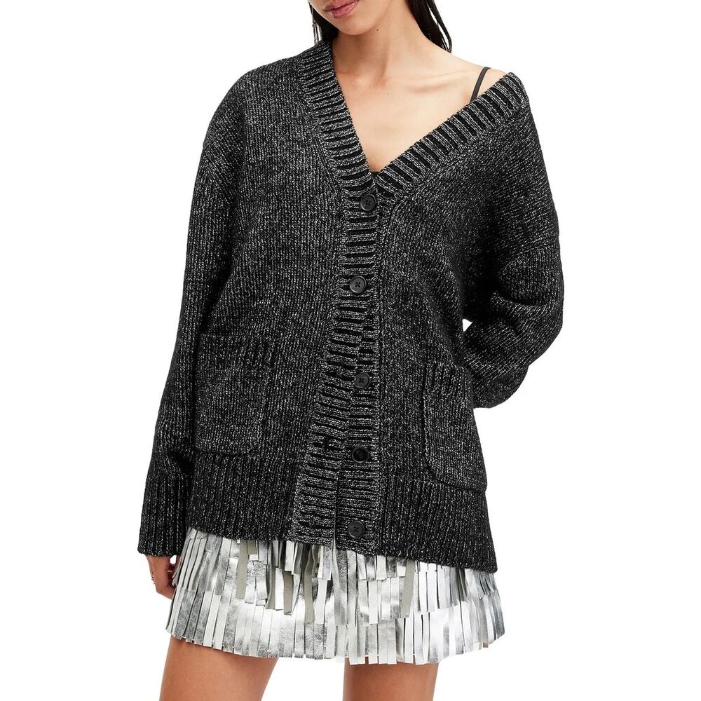 AllSaints Sabrina Black Metallic Merino Wool Blend Cardigan Sweater EUC XS